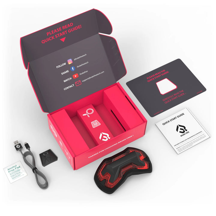 Brake Free package contents. Brake Free unit, helmet mount, micro USB Brake Free branded charging cable, alcohol wipe, Brake Free quick start guide, Brake Free installation template.