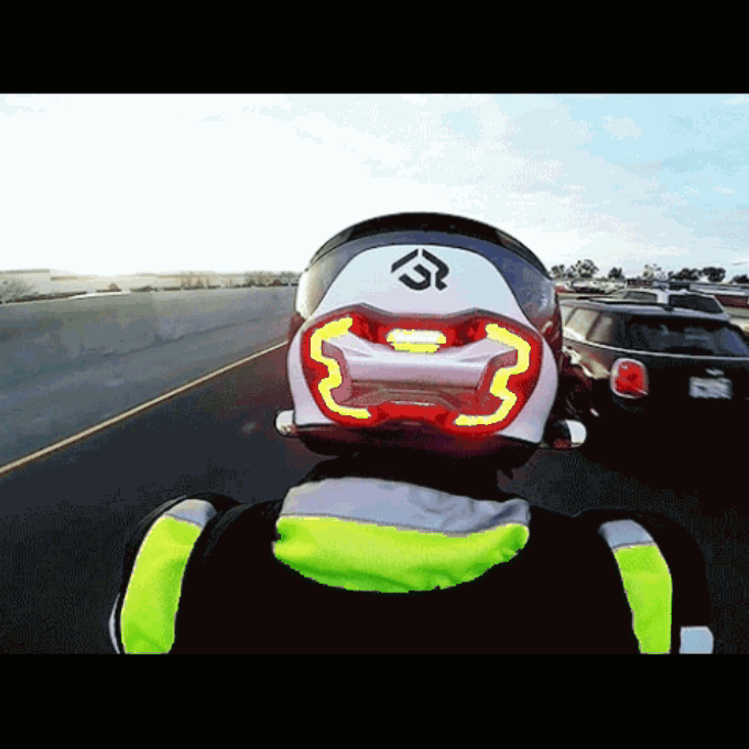 Brake Free - an ultra-bright smart LED brake light that instantly improves rider's visibility. 100 ultra bright LEDs make Brake Free visible day and night. Extremely effective high visibility solution for commuting on your motorcycle. Simple installation, no wires. Smart brake light for your helmet. Ride in any weather. Long lasting rechargeable lithium ion battery.